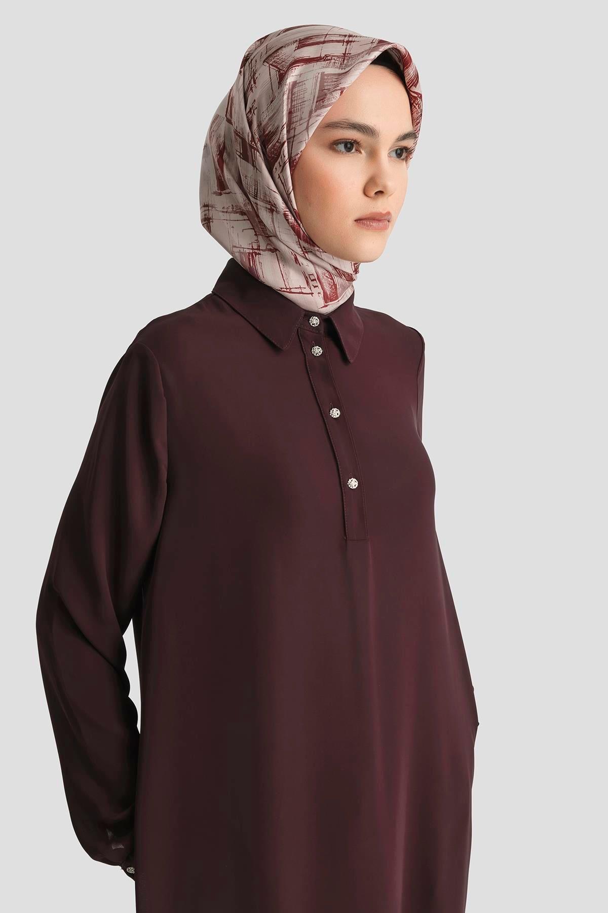 ARMİNE TREND Gömlek Yaka Yakası Düğmeli Tunik-Mürdüm 25YT4149