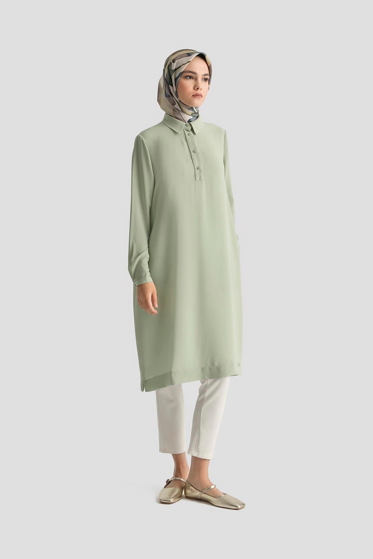ARMİNE TREND Gömlek Yaka Yakası Düğmeli Tunik-Mint 25YT4149