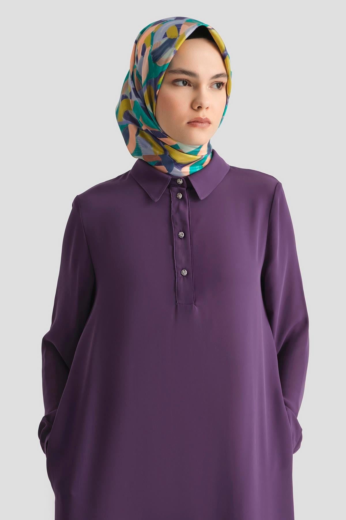 ARMİNE TREND Gömlek Yaka Yakası Düğmeli Tunik-Morcivert 25YT4149
