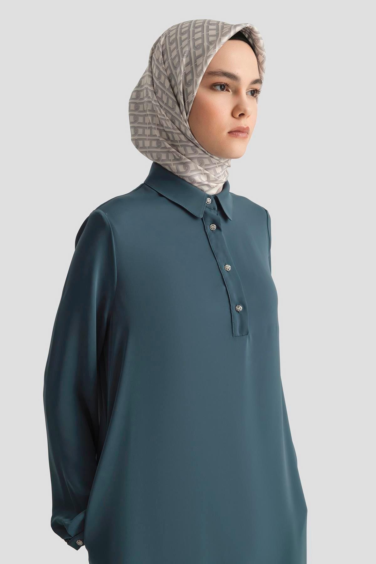 ARMİNE TREND Gömlek Yaka Yakası Düğmeli Tunik-Gri Mavi 25YT4149