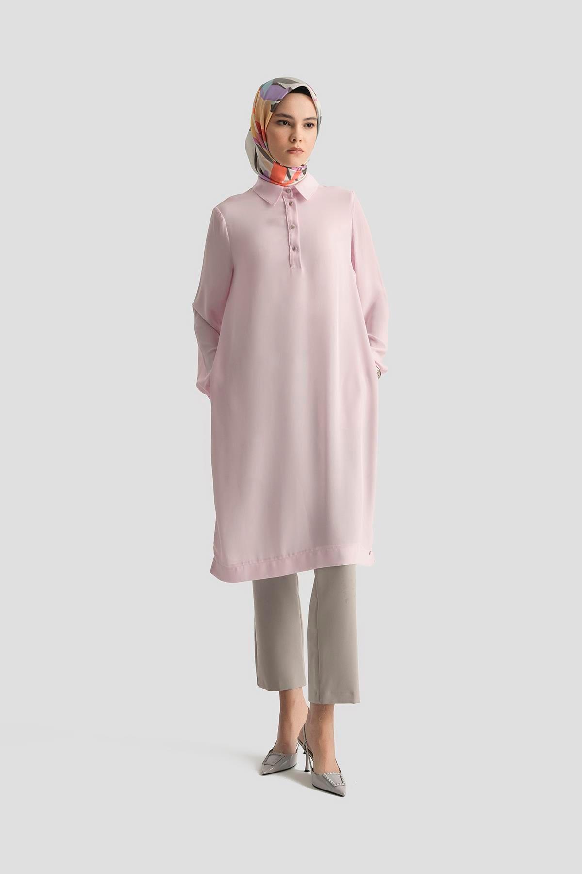 ARMİNE TREND Gömlek Yaka Yakası Düğmeli Tunik-Pembe 25YT4149