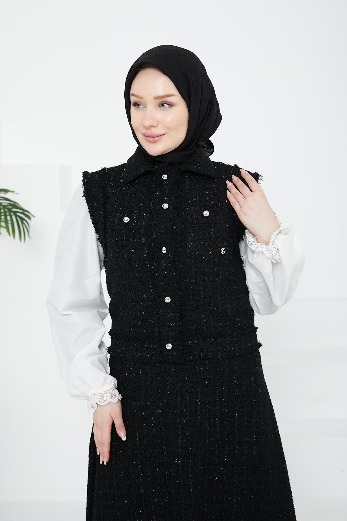 ARMİNE TREND Gömlek Yaka Yelek ve Etekli İkili Takım-Siyah 24KT655