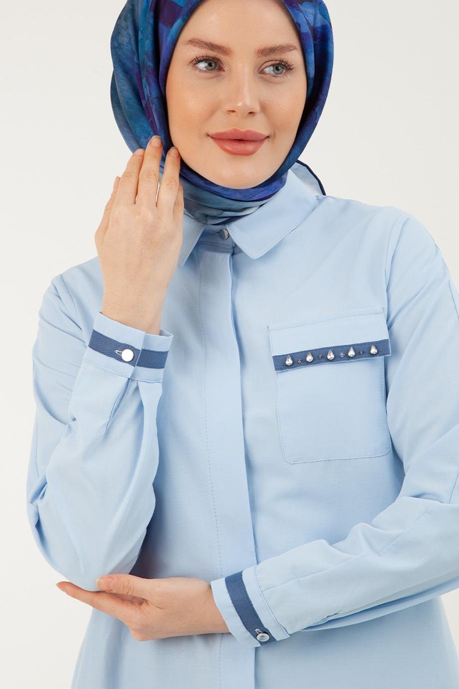 ARMİNE TREND Gömlek Yakalı Düğmeli Tunik-Mavi 23YT405