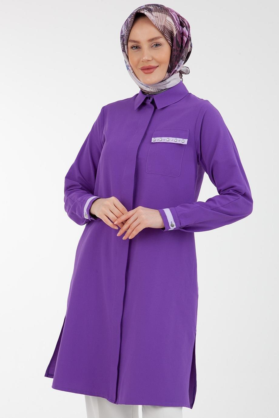 ARMİNE TREND Gömlek Yakalı Düğmeli Tunik-Mor 23YT405