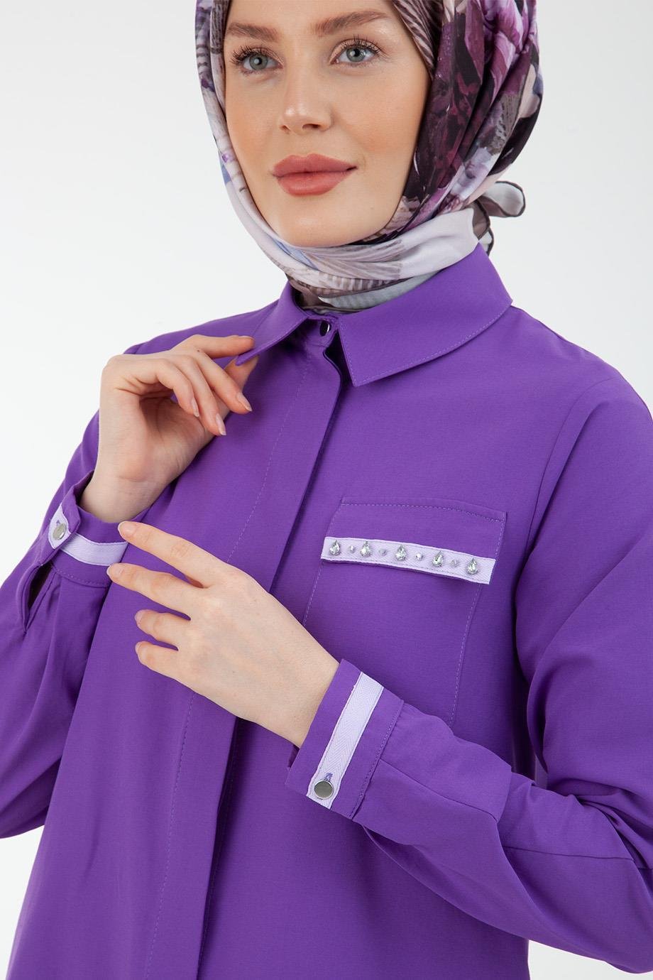 ARMİNE TREND Gömlek Yakalı Düğmeli Tunik-Mor 23YT405