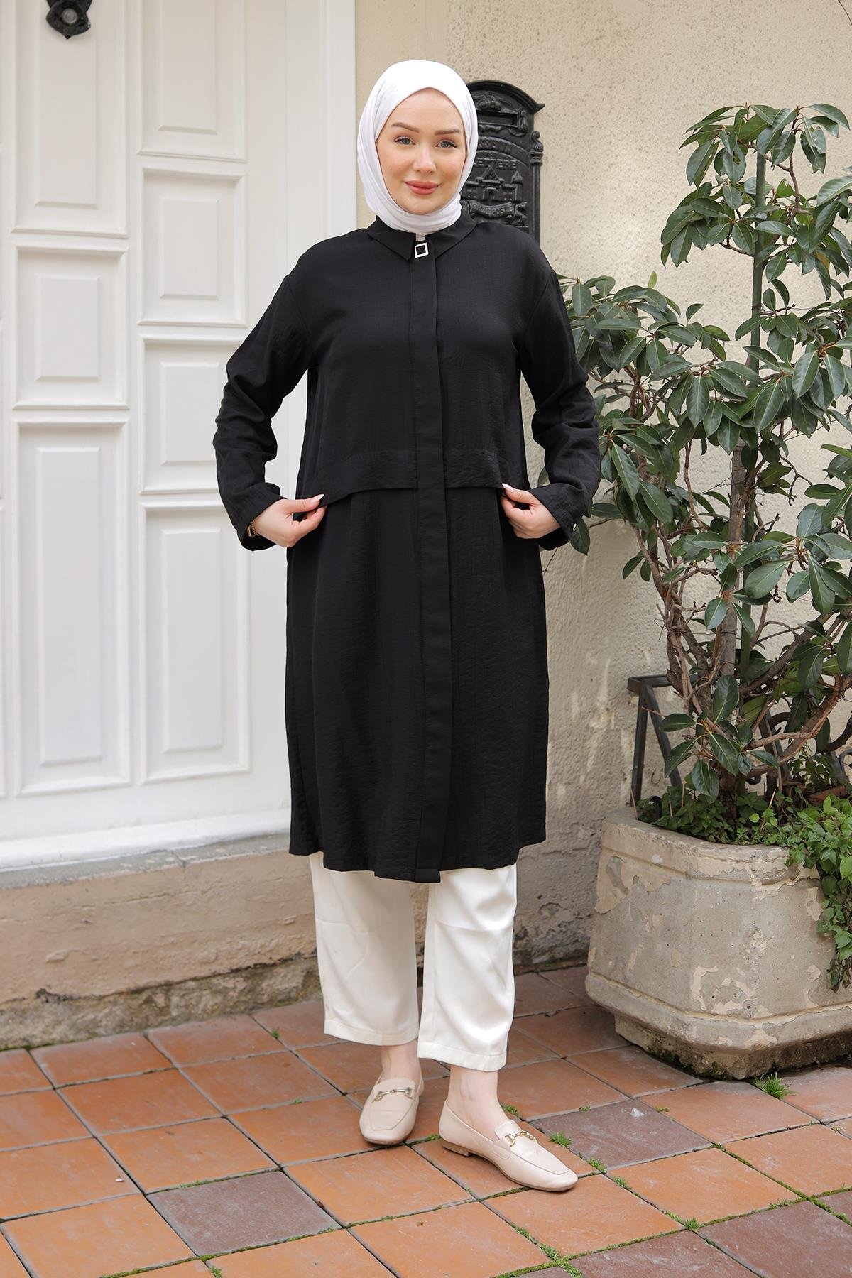 ARMİNE TREND Gömlek Yakalı Gizli Düğmeli Tunik-Siyah 25YT435