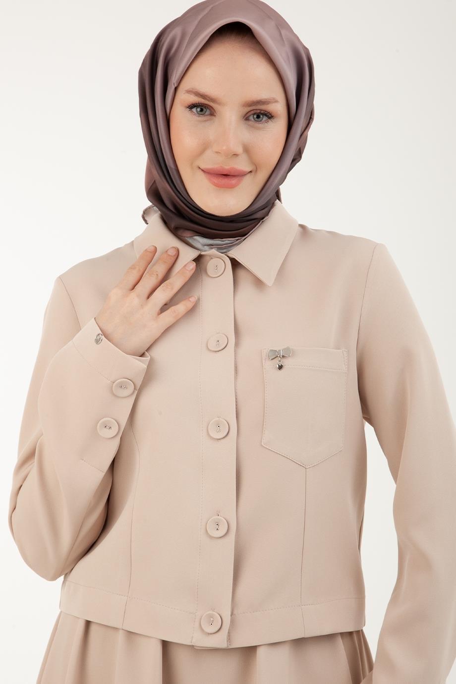 ARMİNE TREND Gömlek Yakalı Minimal Aksesuar Detaylı Ceketli İkili Takım-Taş