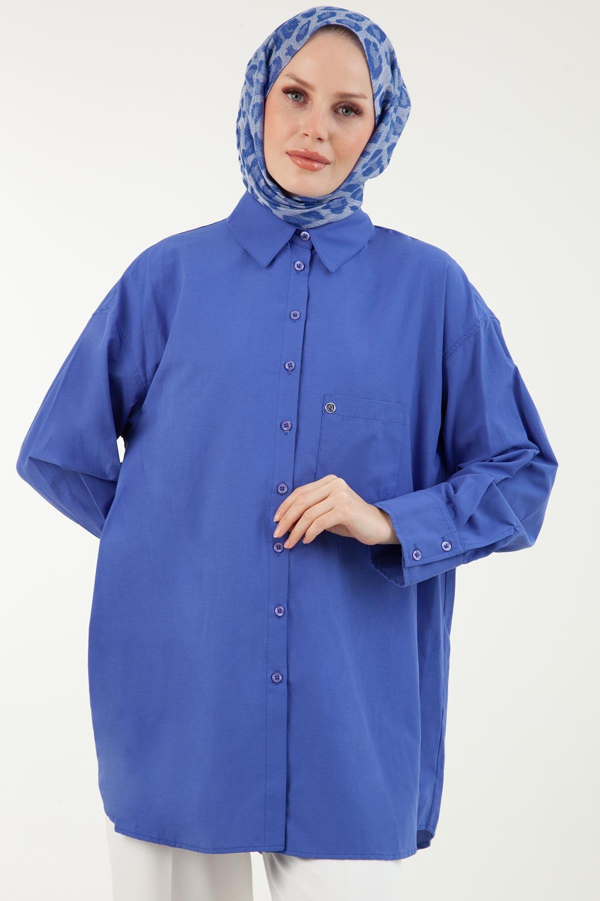 ARMİNE TREND Gömlek Yakalı Sırtı Taş Detaylı Düğmeli Tunik-Saks 23YT461