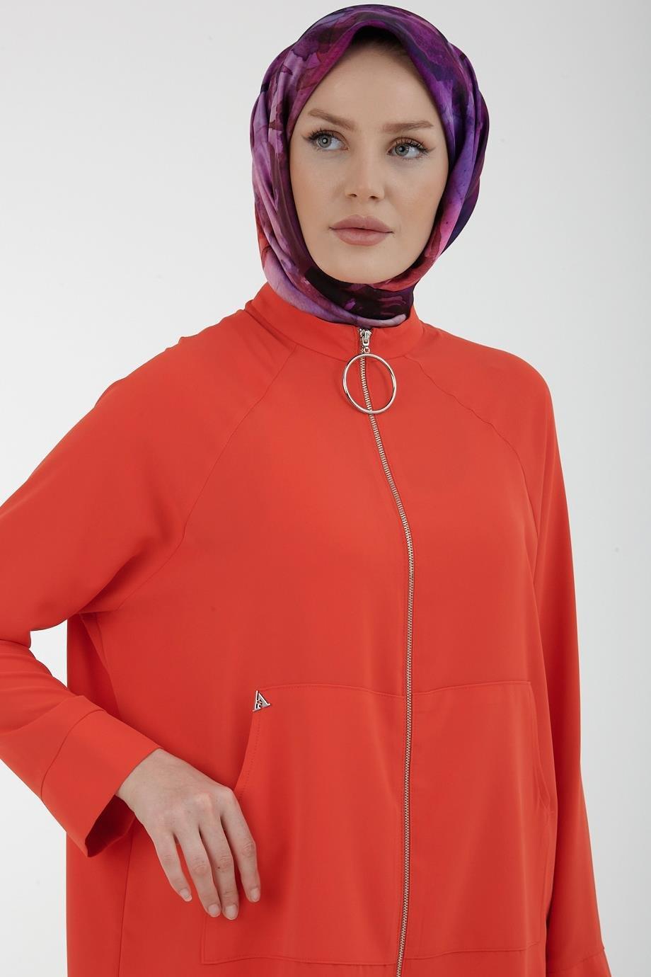 ARMİNE TREND İpek Krep Kumaşlı Sırtı Yıldızlı FErmuarlı Tunik-Mercan