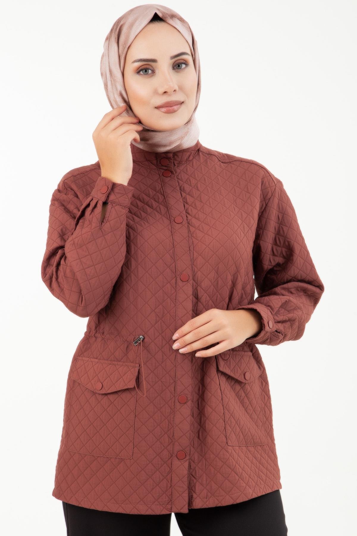 ARMİNE TREND Kapitone Kumaş Beli Büzgülü Ceket 23KT304-Bordo