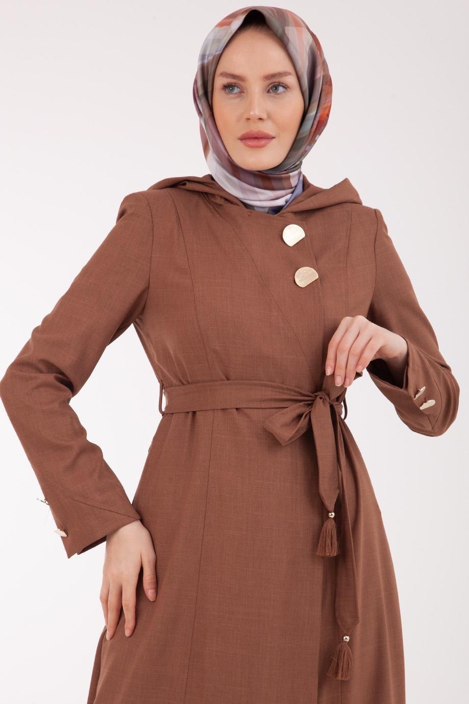 ARMİNE TREND Kapüşonlu Belden Bağlamalı Düğmeli Pardesü Kap-Camel 22YT805