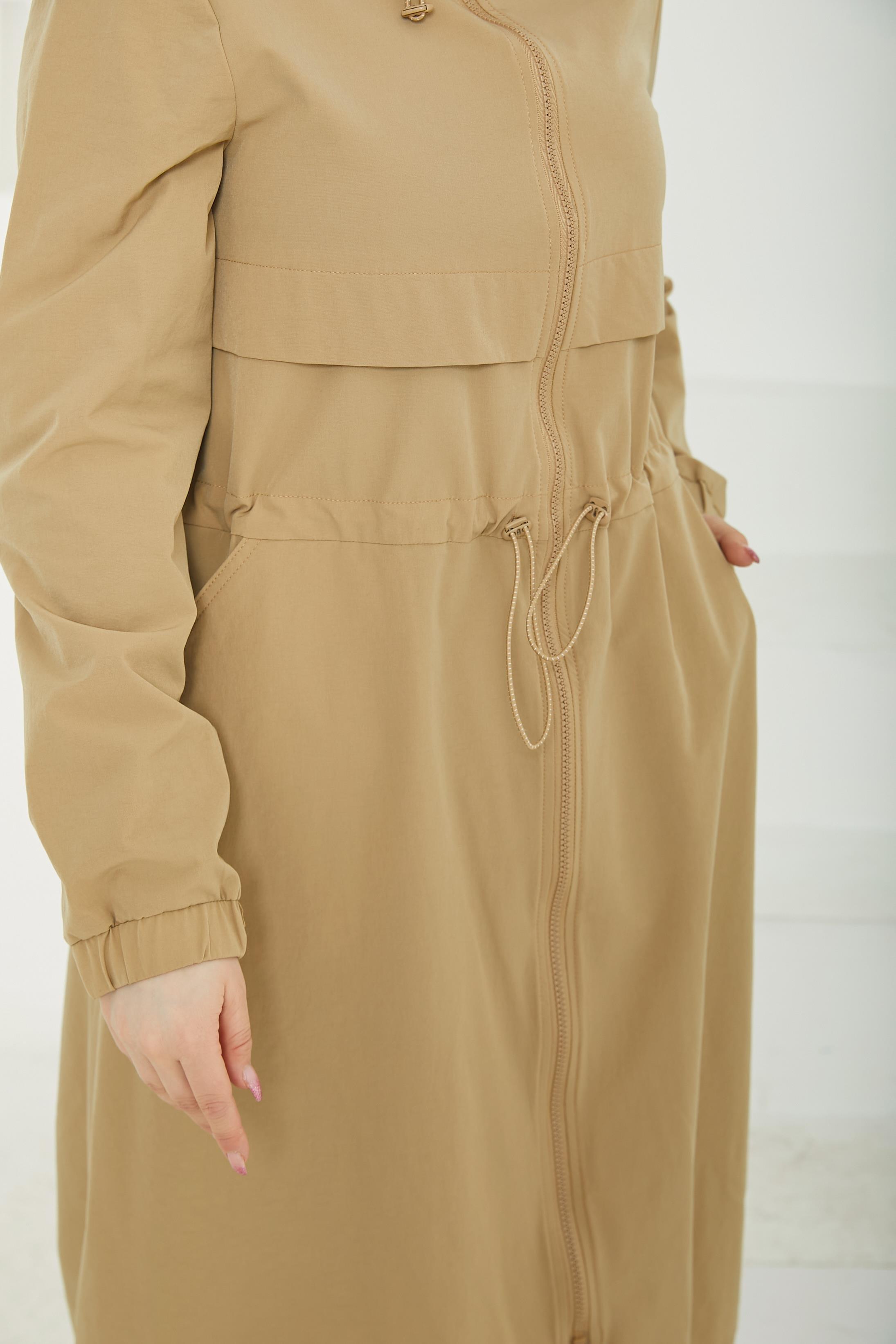 ARMİNE TREND Kapüşonlu Boydan Fermuarlı Kolları Lastikli Kap-Bej-25YT516