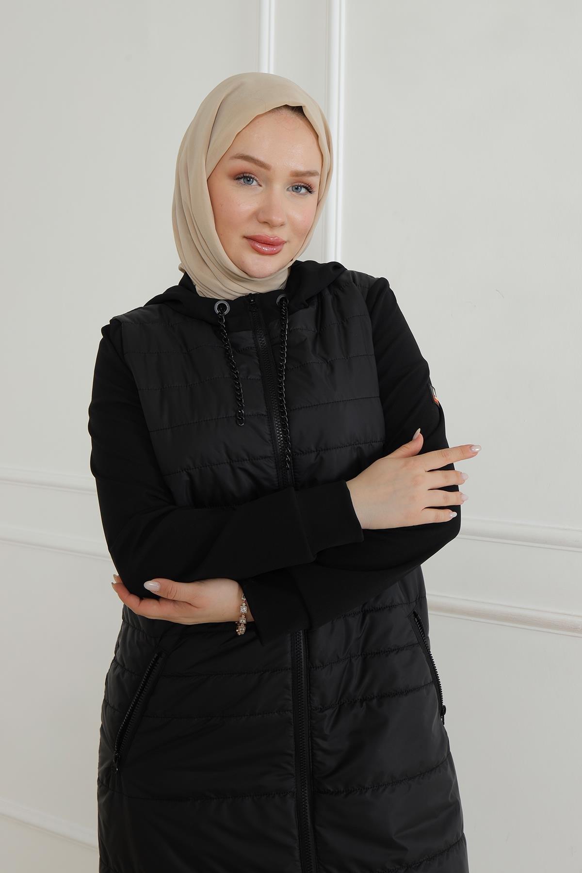 ARMİNE TREND Kapüşonlu Boydan Fermuarlı Kapitone-Siyah 24KT512