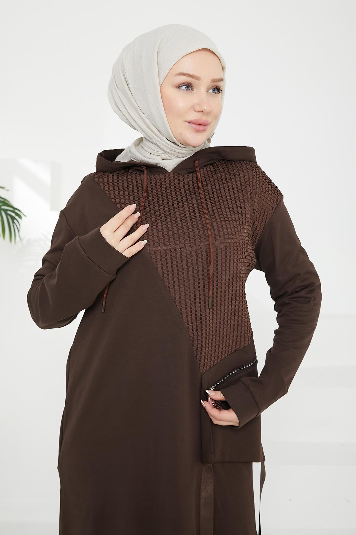 ARMİNE TREND Kapüşonlu Cepli Tunik-Kahverengi 24KT438