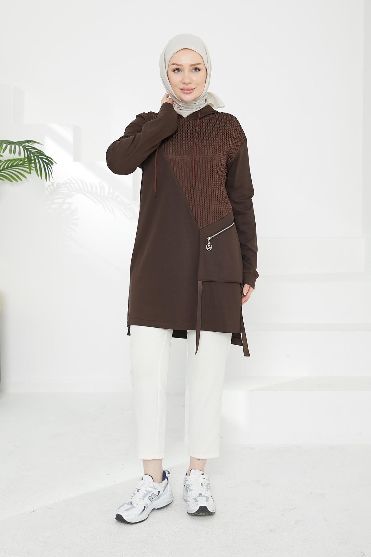 ARMİNE TREND Kapüşonlu Cepli Tunik-Kahverengi 24KT438