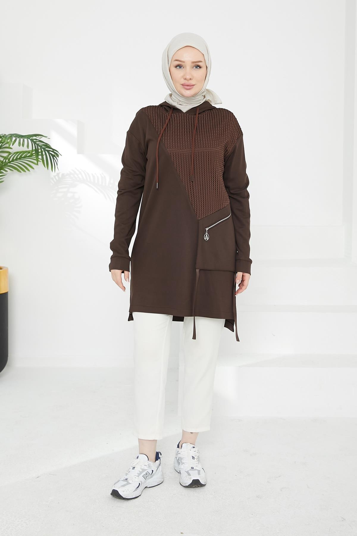 ARMİNE TREND Kapüşonlu Cepli Tunik-Kahverengi 24KT438