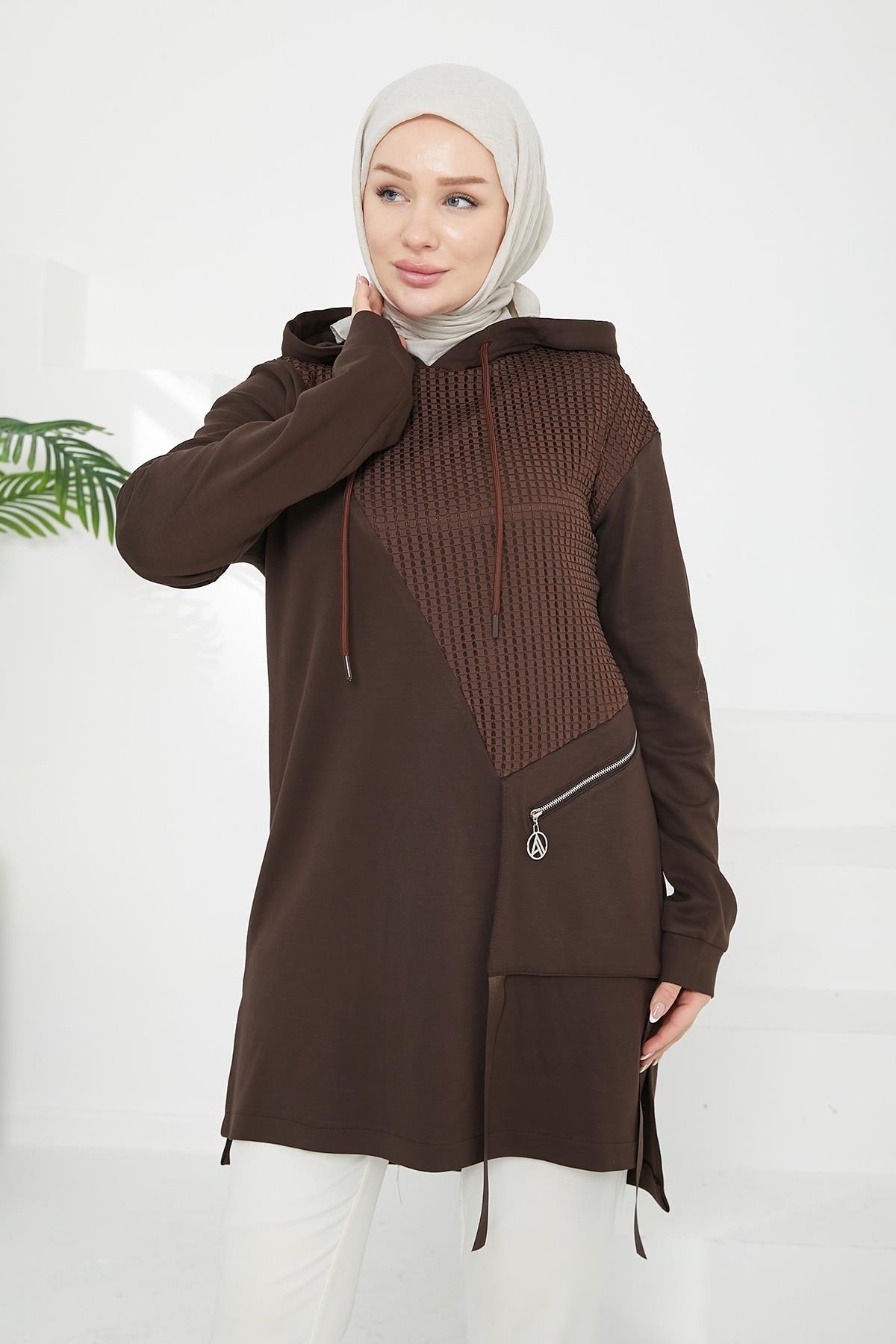 ARMİNE TREND Kapüşonlu Cepli Tunik-Kahverengi 24KT438