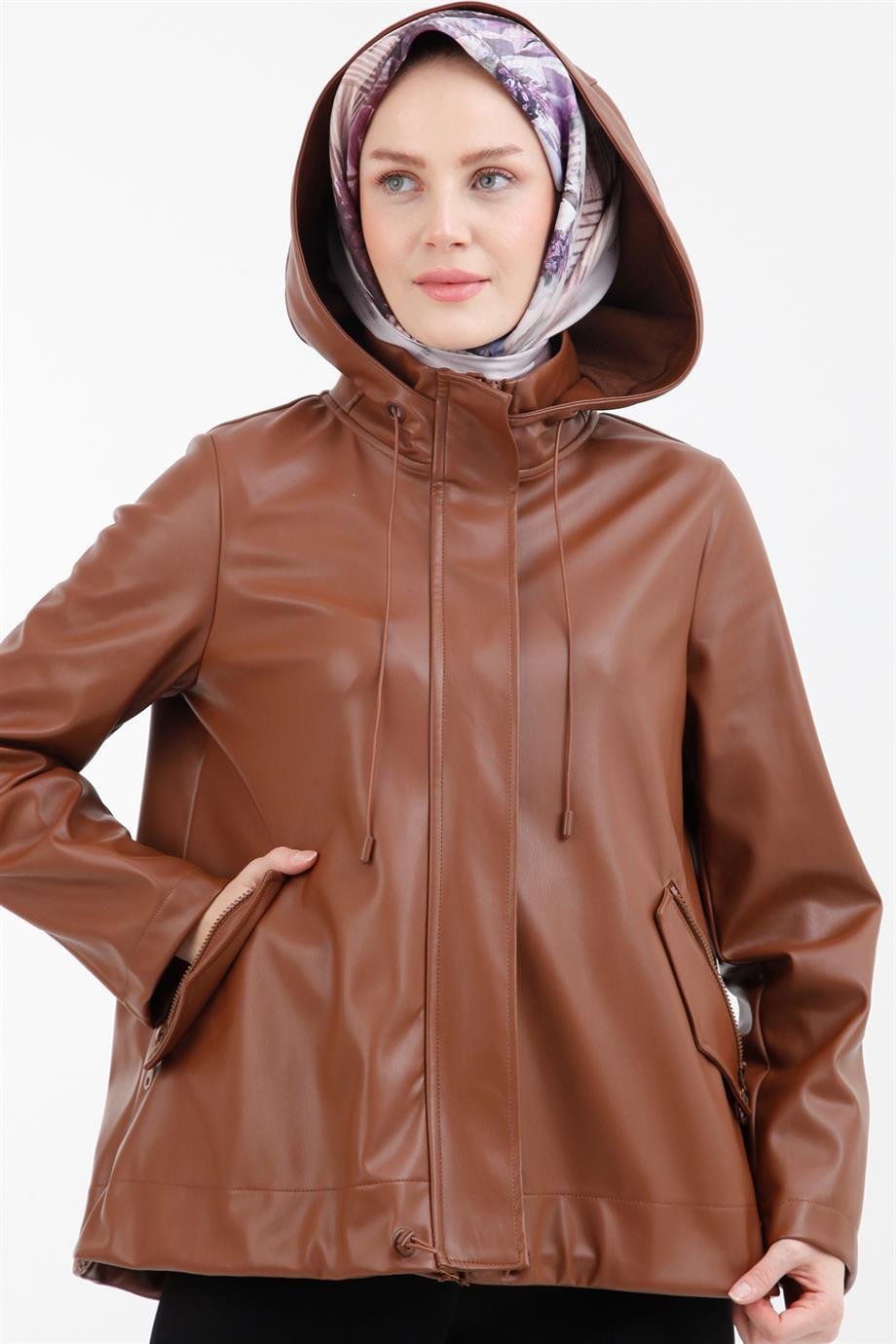 ARMİNE TREND Kapüşonlu Deri Ceket-Taba 22KT502