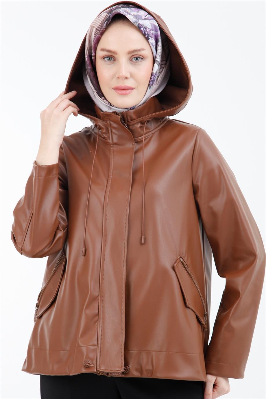 ARMİNE TREND Kapüşonlu Deri Ceket-Taba 22KT502