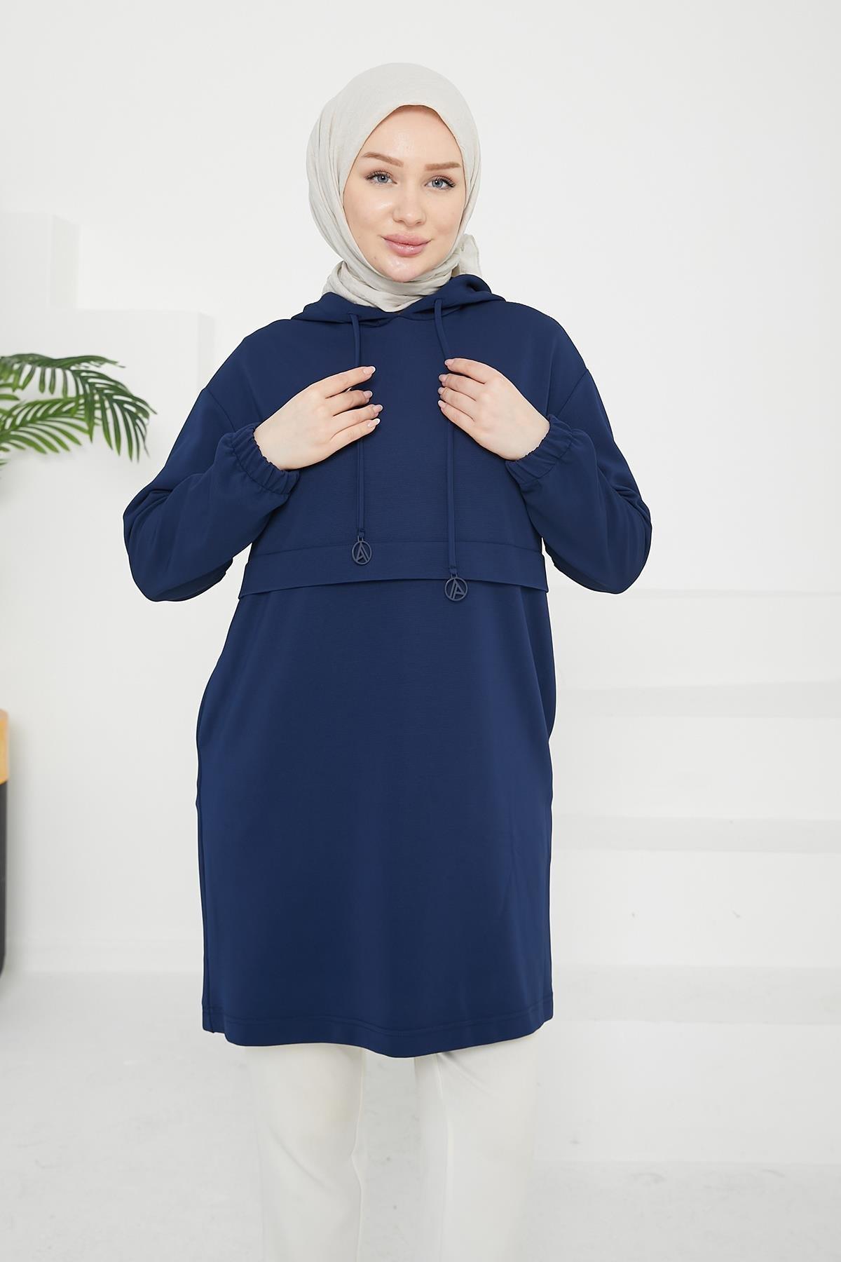 ARMİNE TREND Kapüşonlu Kolları Lastikli Tunik-Lacivert 24KT454