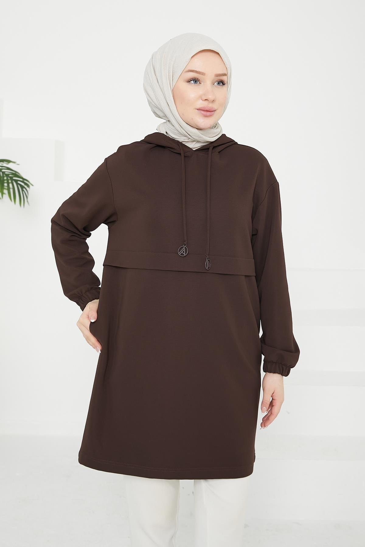 ARMİNE TREND Kapüşonlu Kolları Lastikli Tunik-Kahverengi 24KT454