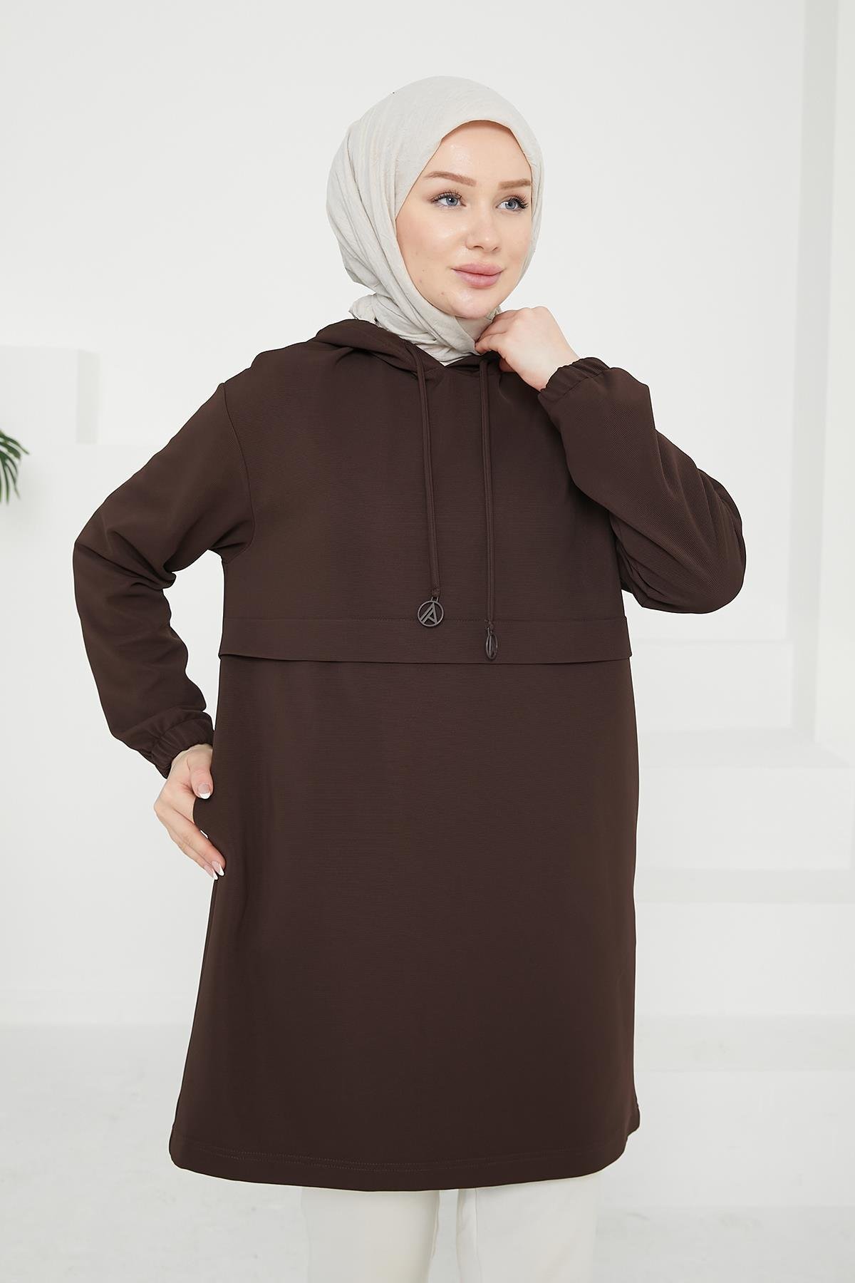 ARMİNE TREND Kapüşonlu Kolları Lastikli Tunik-Kahverengi 24KT454