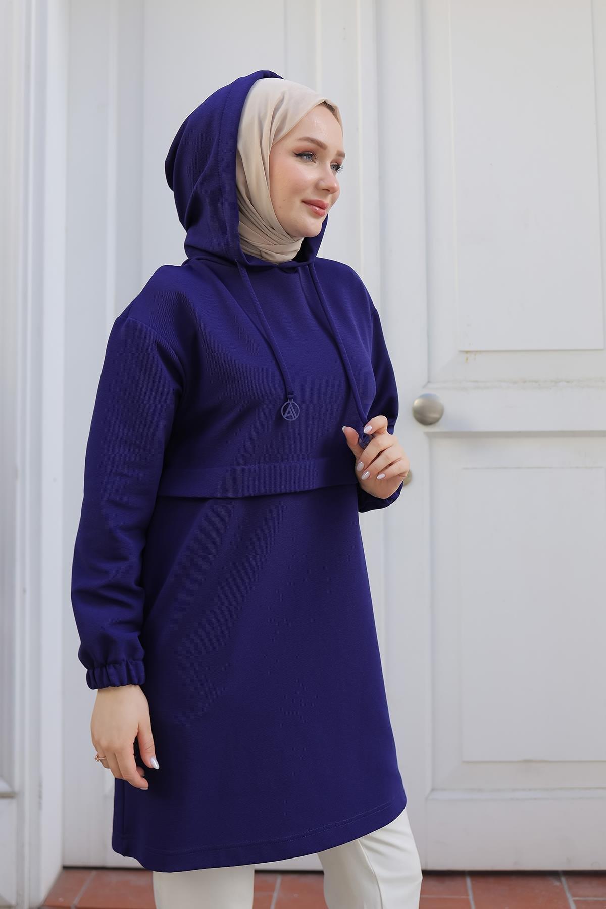 ARMİNE TREND Kapüşonlu Kolları Lastikli Tunik-Morcivert 24KT454