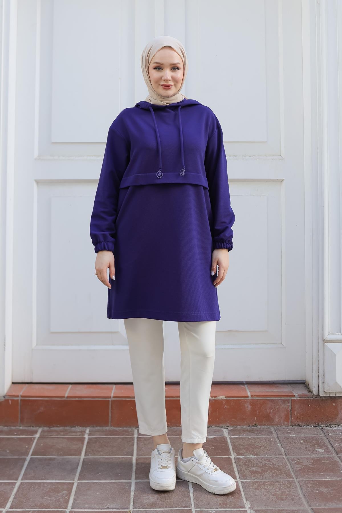 ARMİNE TREND Kapüşonlu Kolları Lastikli Tunik-Morcivert 24KT454