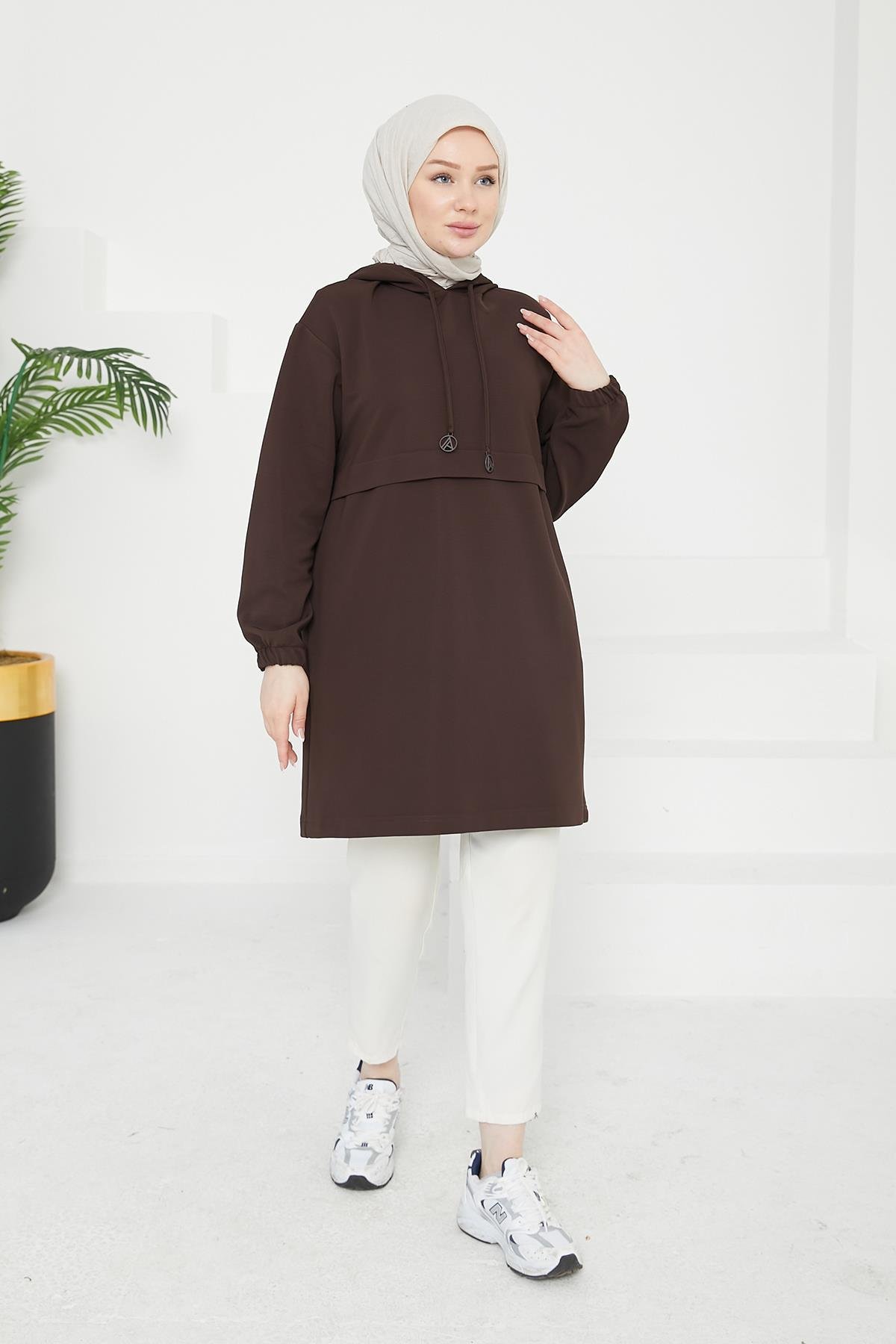 ARMİNE TREND Kapüşonlu Kolları Lastikli Tunik-Kahverengi 24KT454