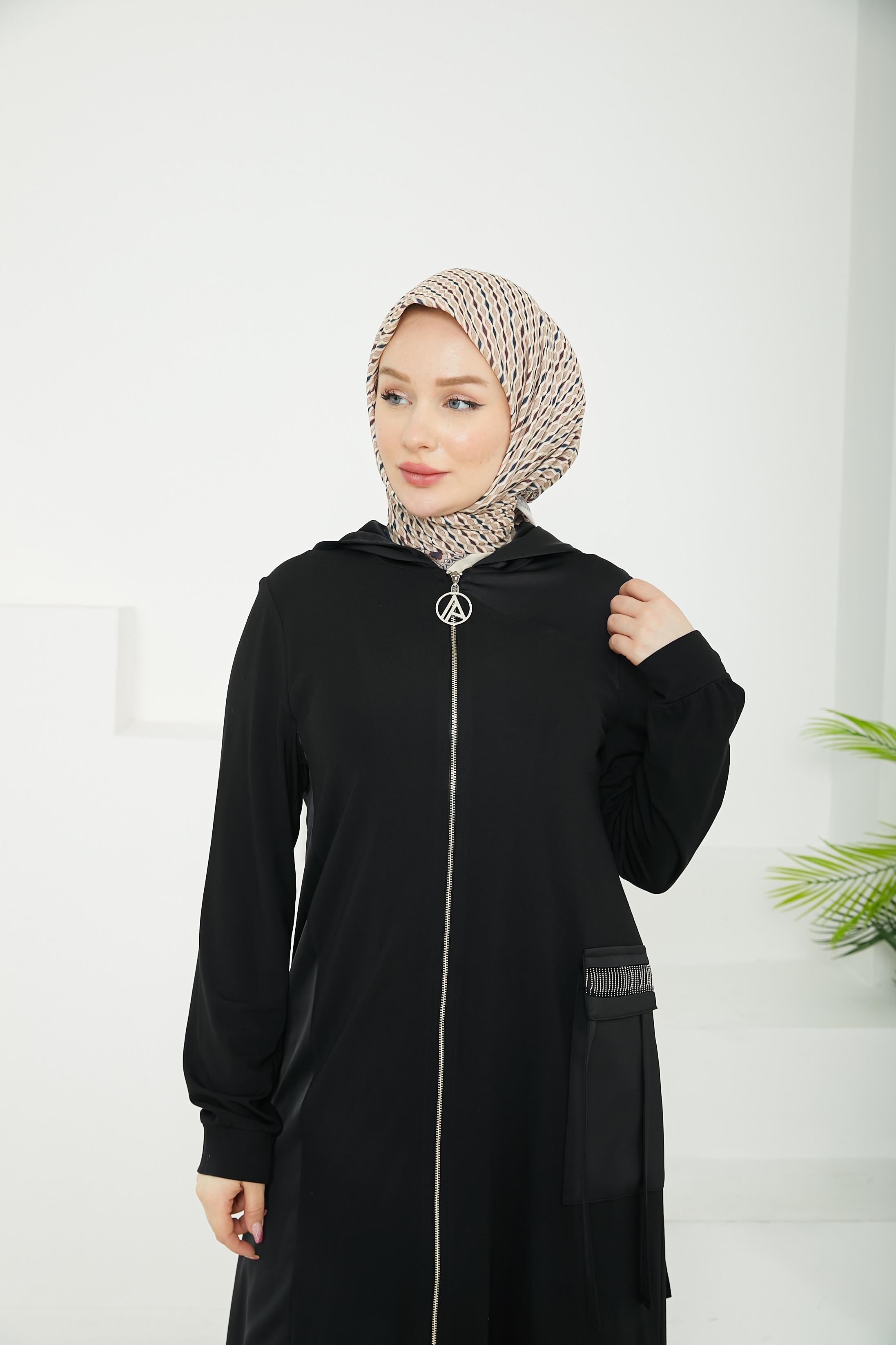 ARMİNE TREND Kapüşonlu Kolları Lastikli Boydan Fermuarlı Ferace-Siyah-25YT807