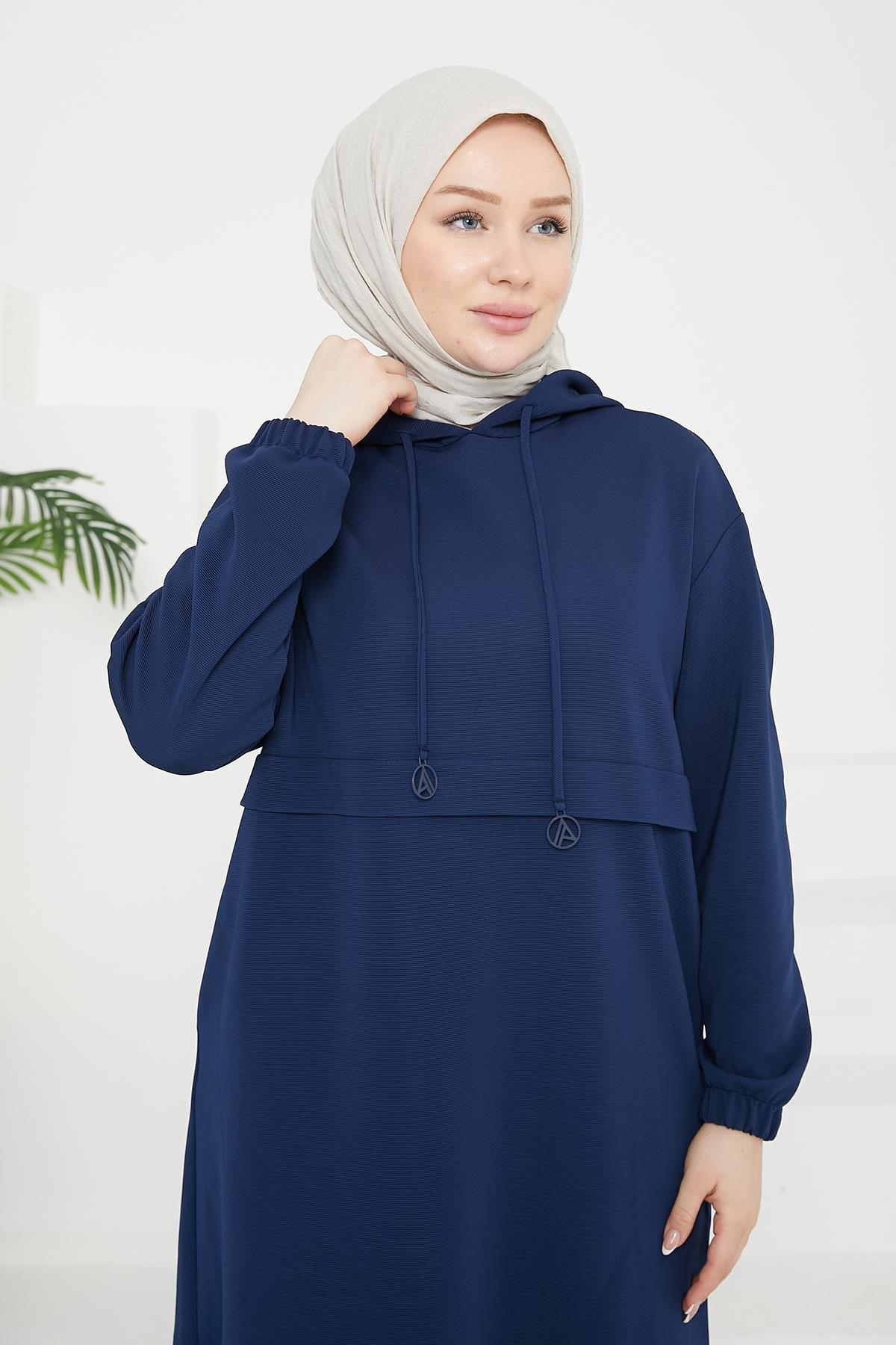 ARMİNE TREND Kapüşonlu Kolları Lastikli Tunik-Lacivert 24KT454