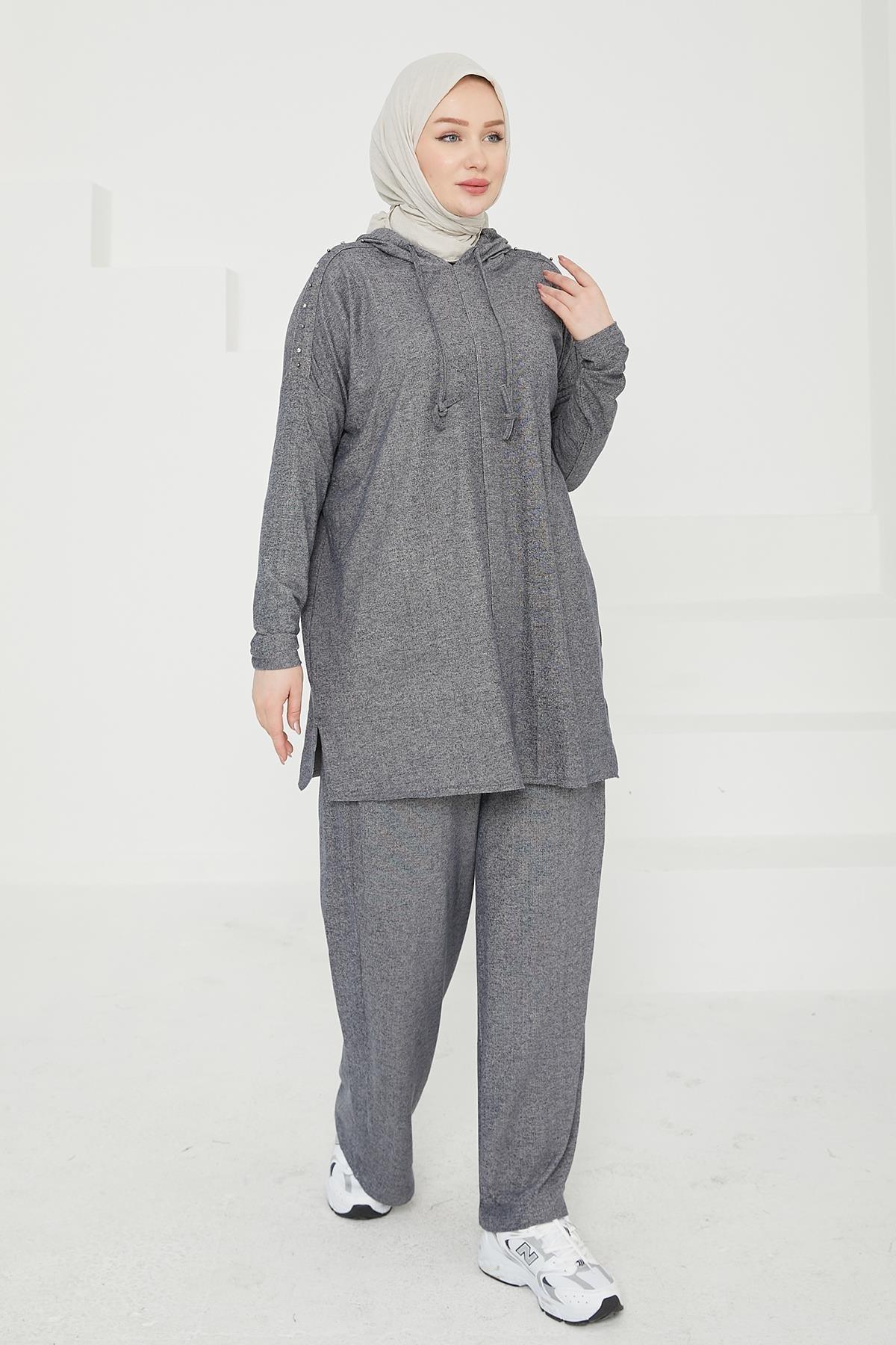 ARMİNE TREND Kapüşonlu Omuzları Taş Detaylı Pantolonlu İkili Takım-Lacivert 24KT605