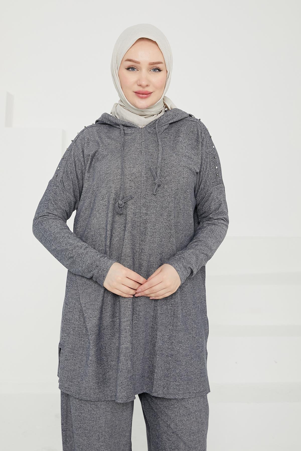 ARMİNE TREND Kapüşonlu Omuzları Taş Detaylı Pantolonlu İkili Takım-Lacivert 24KT605