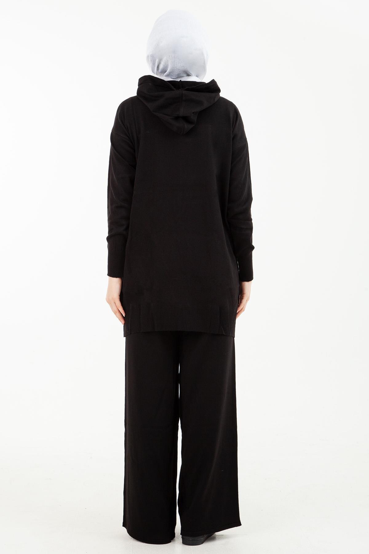 ARMİNE TREND Kapüşonlu Önden Cepli Pantolonlu Triko İkili Takım-Siyah 22KD601