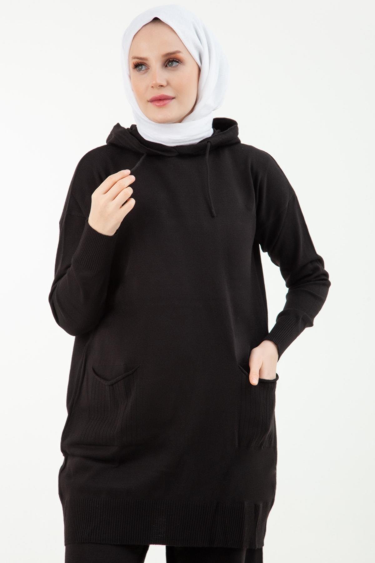 ARMİNE TREND Kapüşonlu Önden Cepli Pantolonlu Triko İkili Takım-Siyah 22KD601