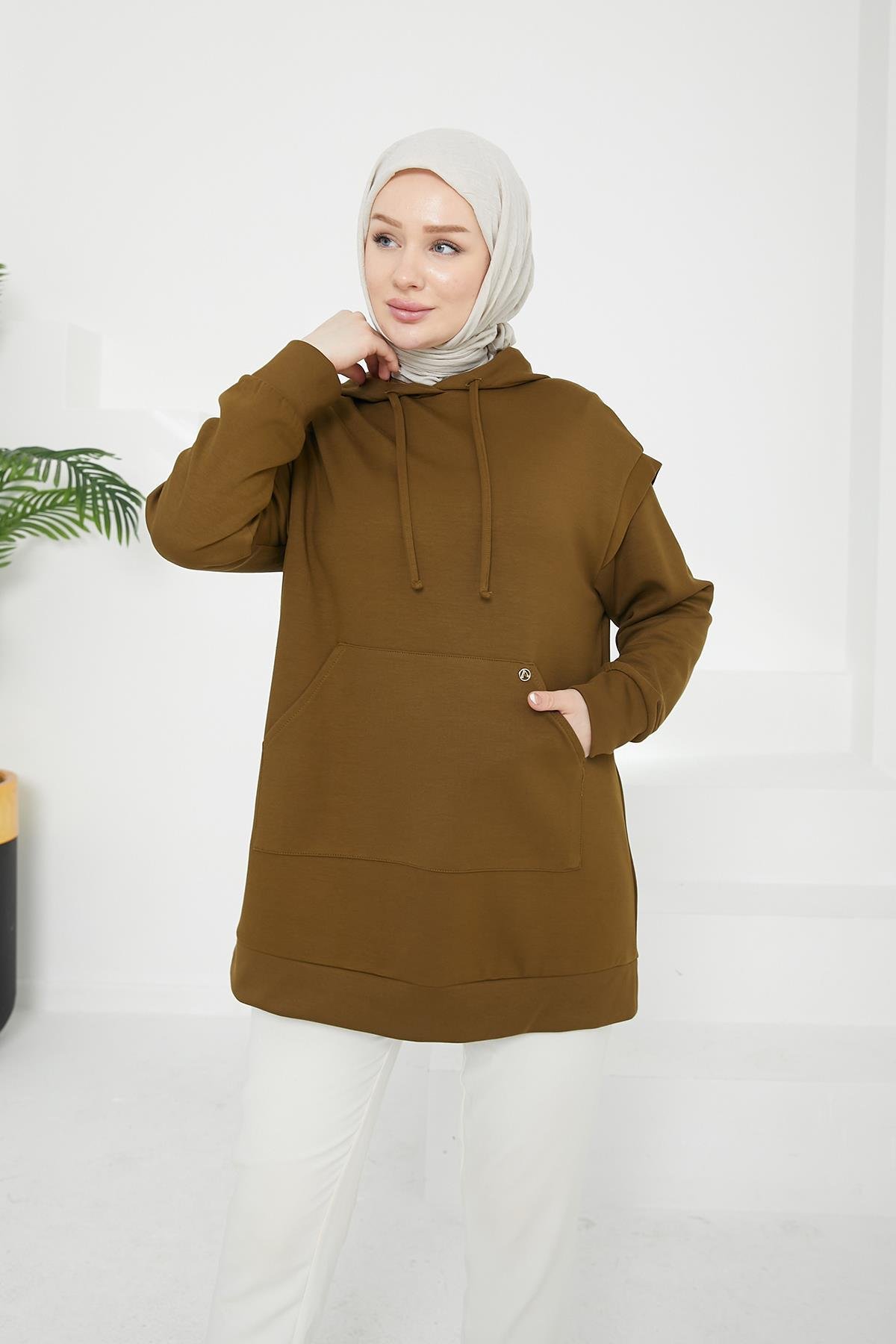 ARMİNE TREND Kapüşonlu Önden Cepli Tunik-Yağ Yeşili 24KT476