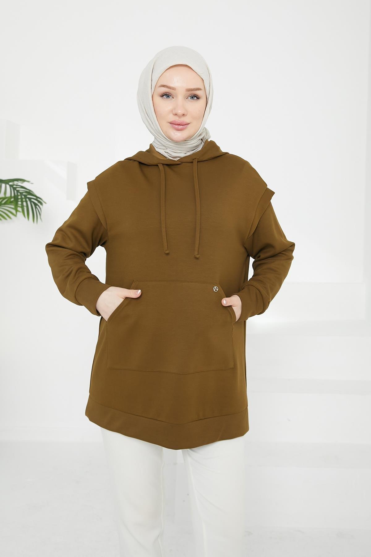 ARMİNE TREND Kapüşonlu Önden Cepli Tunik-Yağ Yeşili 24KT476