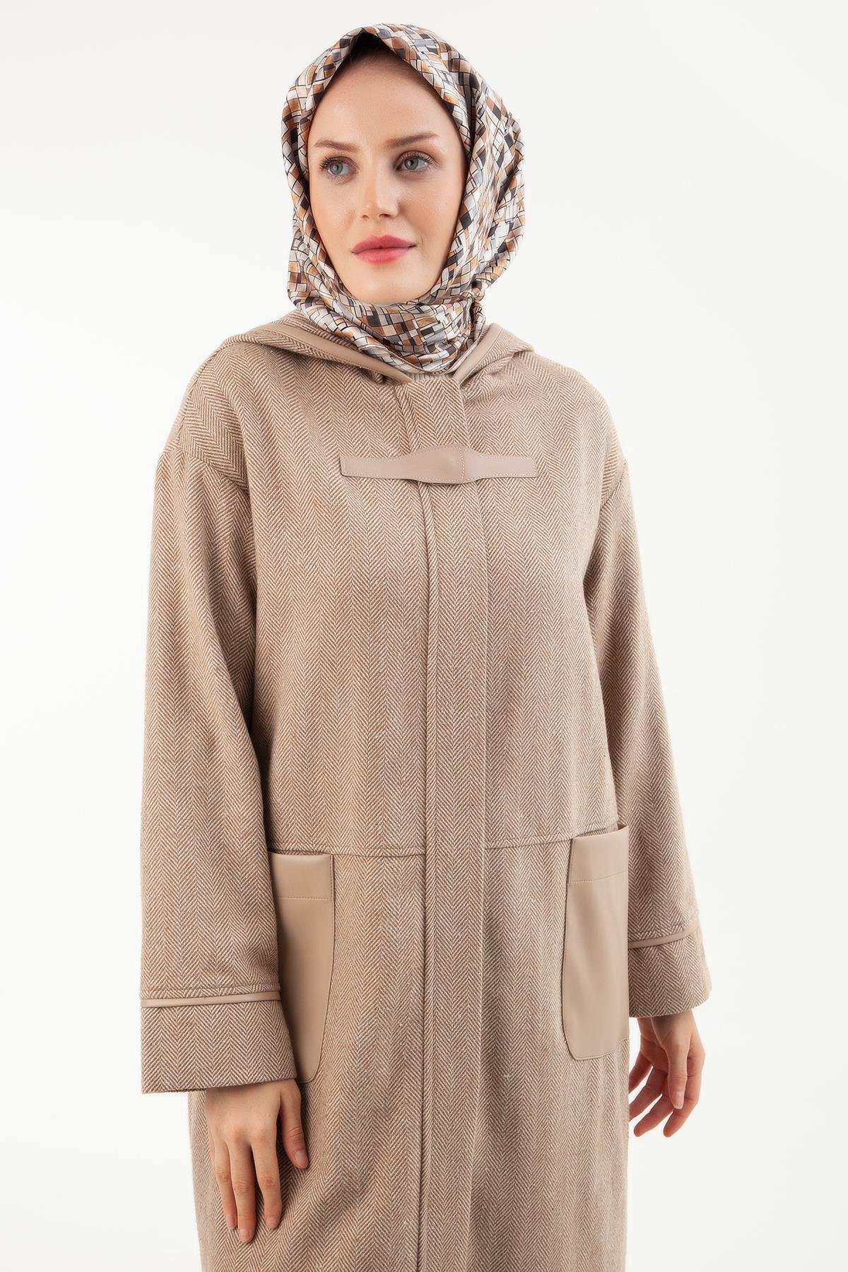 ARMİNE TREND Kapüşonlu Yanları Deri Cepli Önden Fermuarlı Kaşe Kap-Camel 23KT509