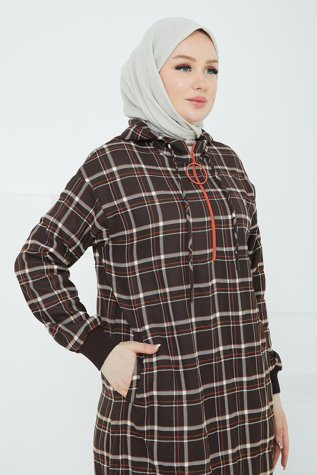 ARMİNE TREND Kapüşonlu Yarım Fermuarlı Tunik-Kahverengi 24KT483