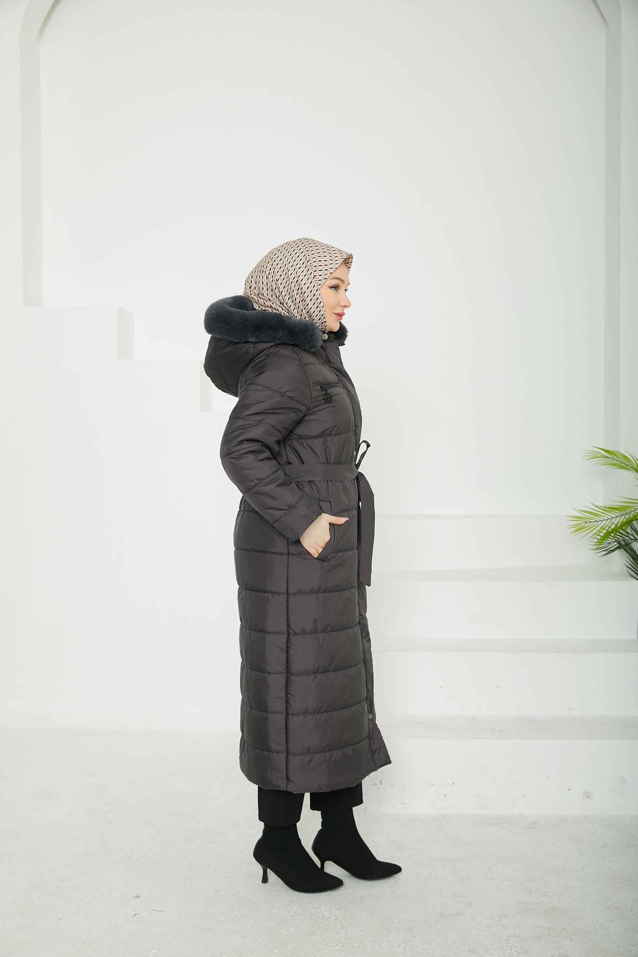 ARMİNE TREND Kapüşonu Kürk Detaylı Kap-Antrasit 24KTD741
