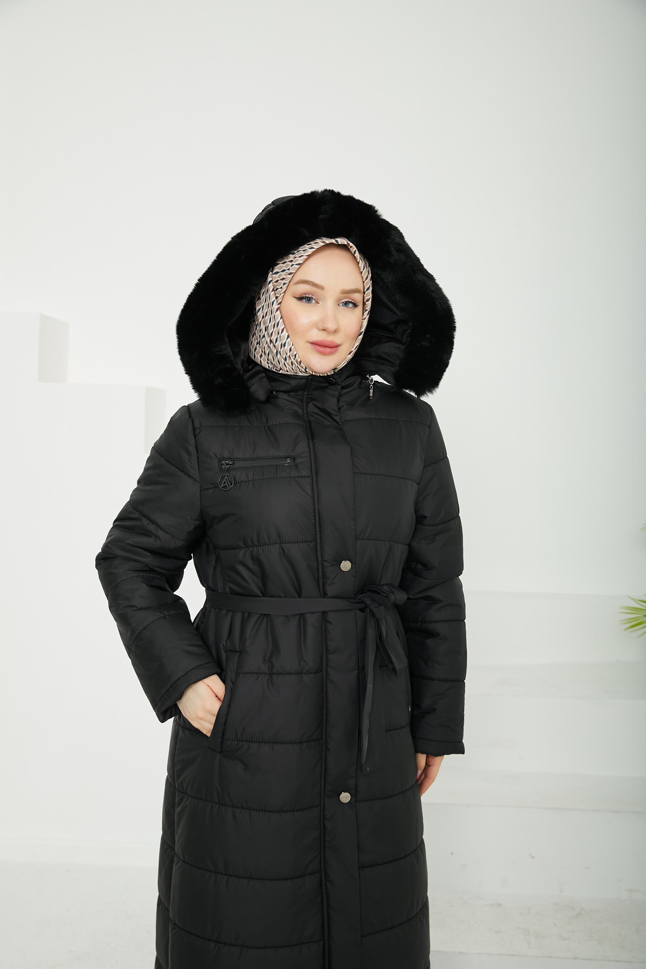 ARMİNE TREND Kapüşonu Kürk Detaylı Kap-Siyah 24KTD741
