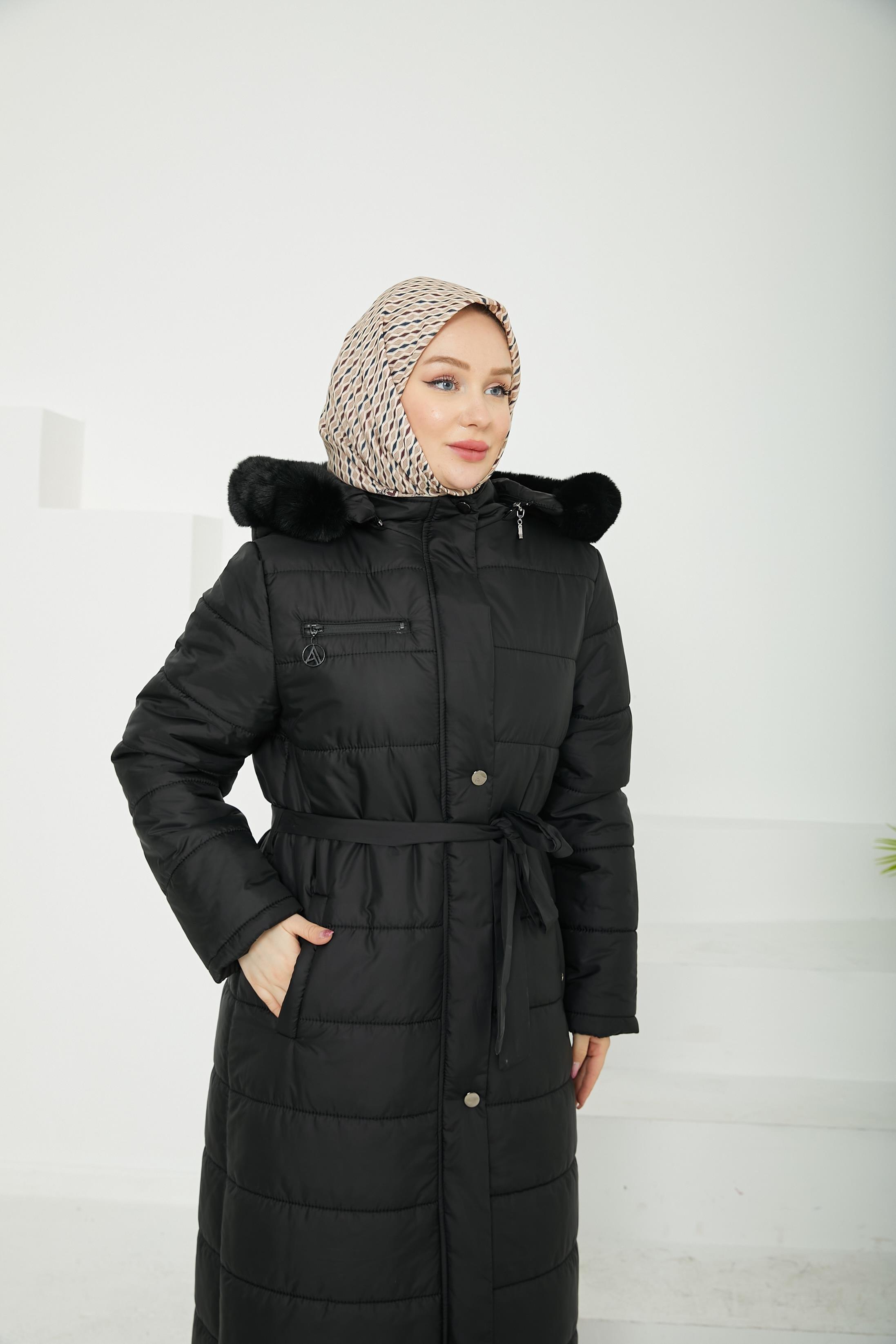 ARMİNE TREND Kapüşonu Kürk Detaylı Kap-Siyah 24KTD741