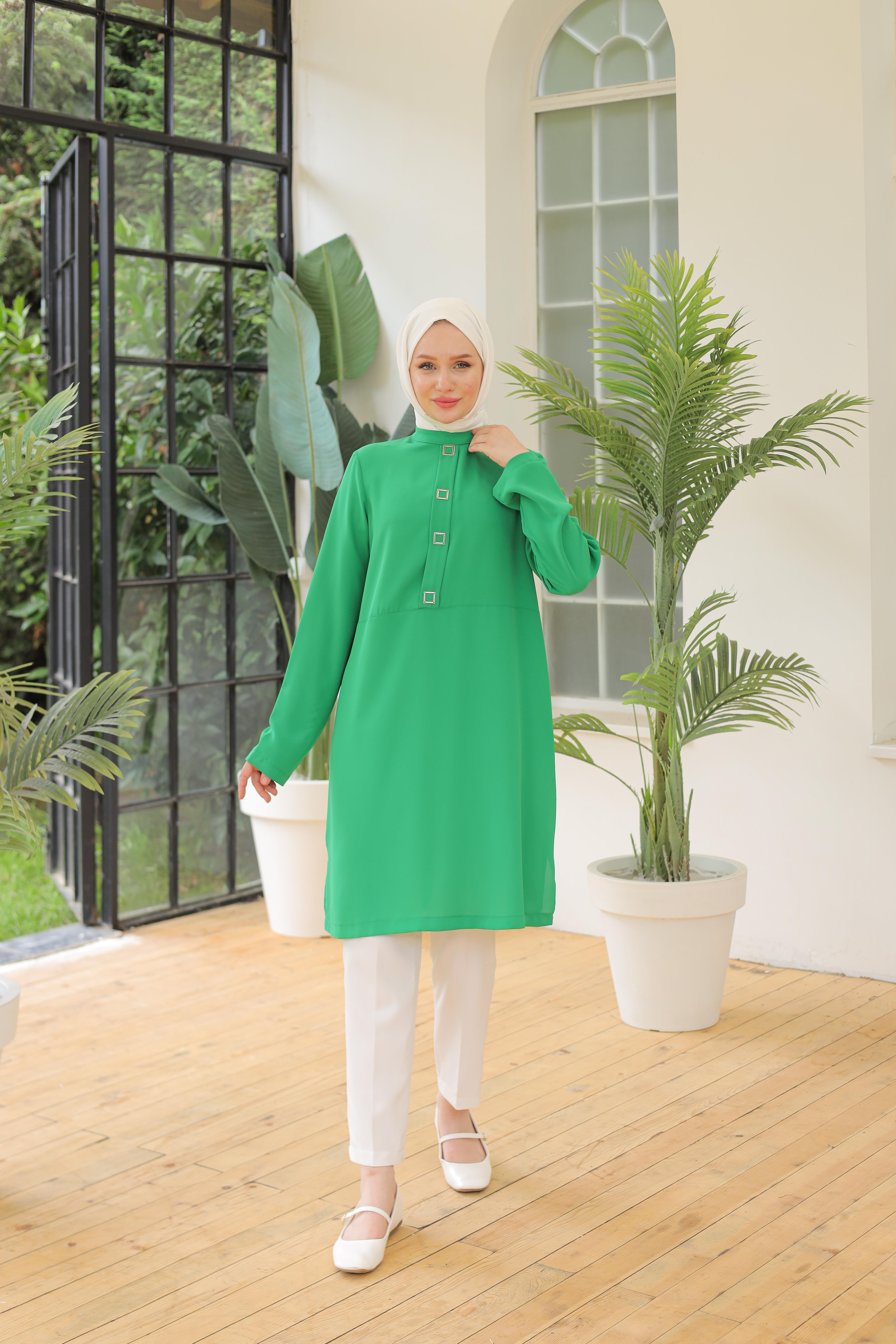 ARMİNE TREND Kare Çıtçıtlı Tunik Yeşil 24YT451
