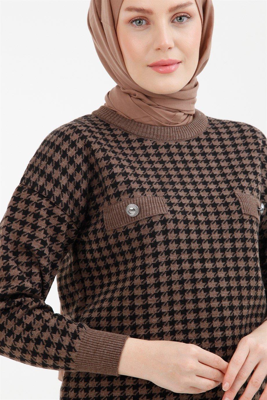 ARMİNE TREND Kaz Ayağı Desenli Düğme Detaylı Takım-Vizon 22KD4214