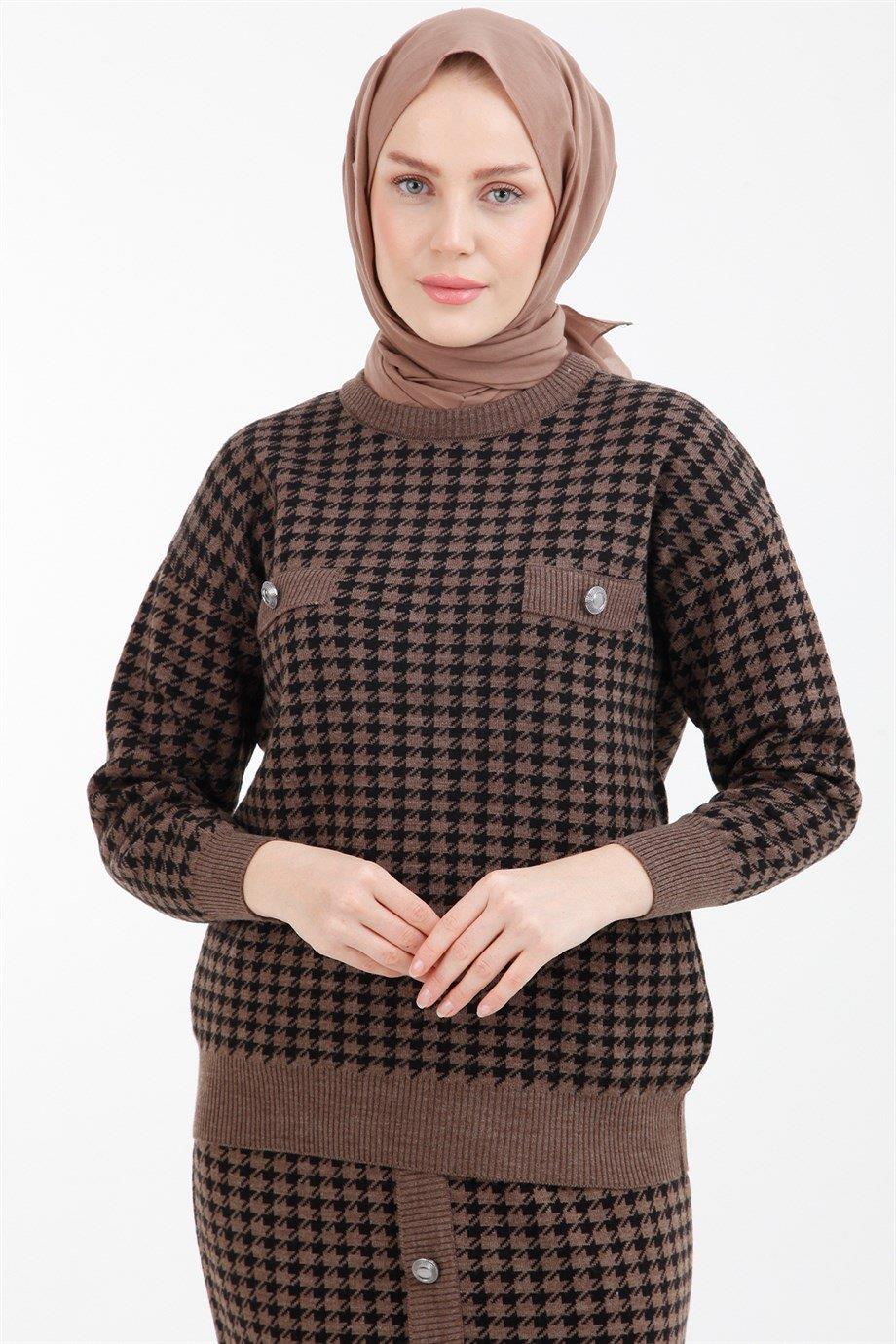 ARMİNE TREND Kaz Ayağı Desenli Düğme Detaylı Takım-Vizon 22KD4214
