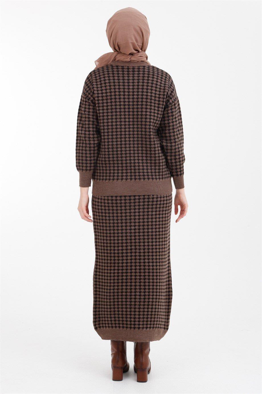 ARMİNE TREND Kaz Ayağı Desenli Düğme Detaylı Takım-Vizon 22KD4214