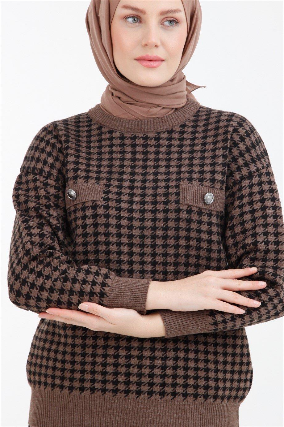 ARMİNE TREND Kaz Ayağı Desenli Düğme Detaylı Takım-Vizon 22KD4214