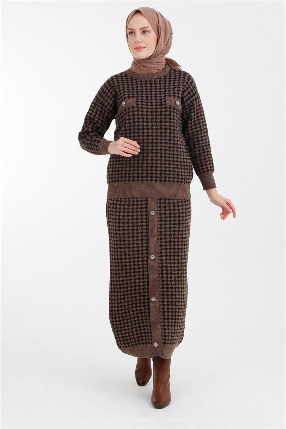ARMİNE TREND Kaz Ayağı Desenli Düğme Detaylı Takım-Vizon 22KD4214