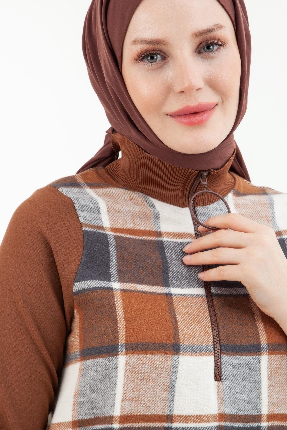 ARMİNE TREND Kazayağı Desenli Fermuarlı Tunik-Gri 23KT445