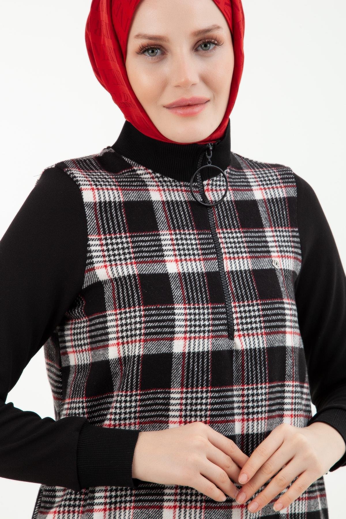 ARMİNE TREND Kazayağı Desenli Fermuarlı Tunik-Siyah-Kırmızı 23KT445